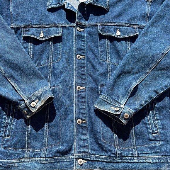 Mens vintage 80s thick deep blue denim wide boxy fit jacket buttons collar kanye - Picture 3 of 4